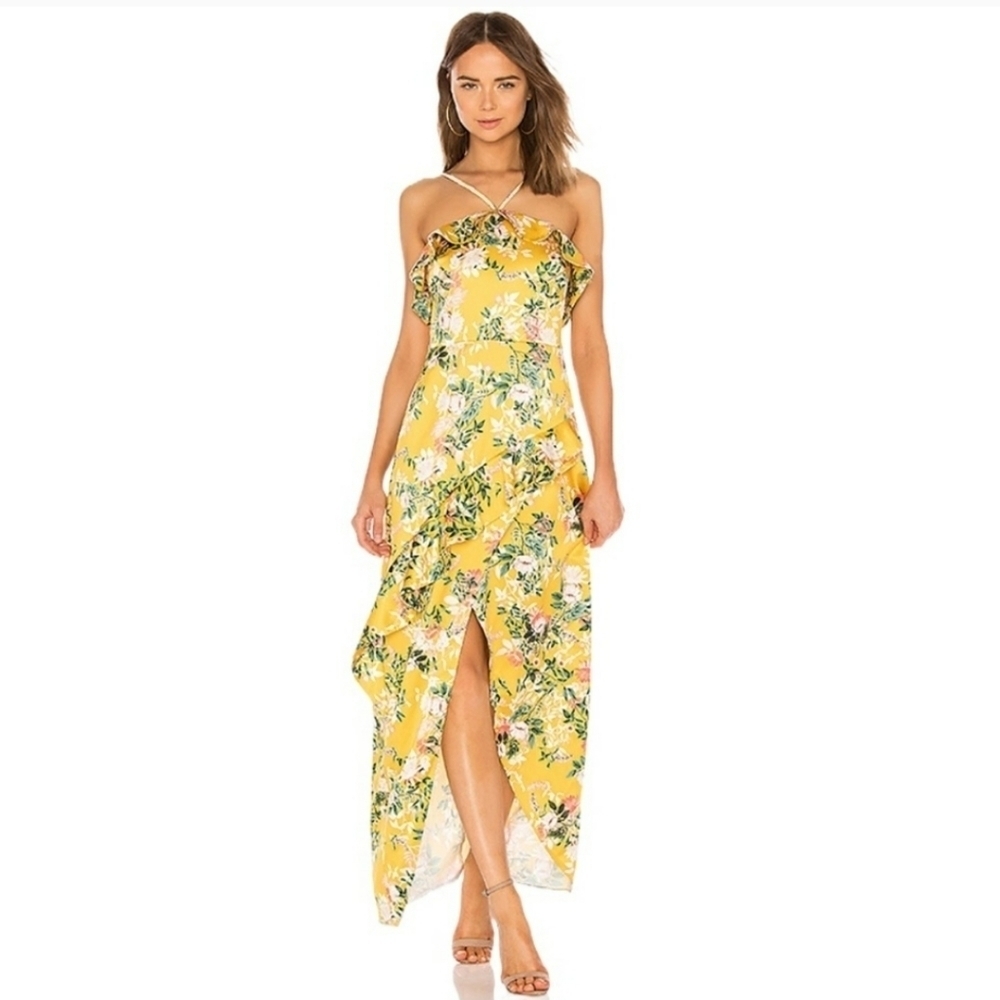 Stylestalker Isabella Maxi Dress Yellow Floral Ruffle Size XS